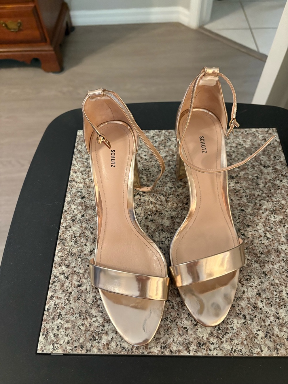 SCHUTZ Metallic Rose Gold Ankle-Strap Heels